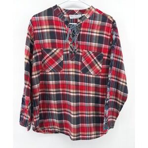 Bleu Bayou Red Plaid Flannel Top Lace Up Embroidered Cotton Pullover Women M EUC